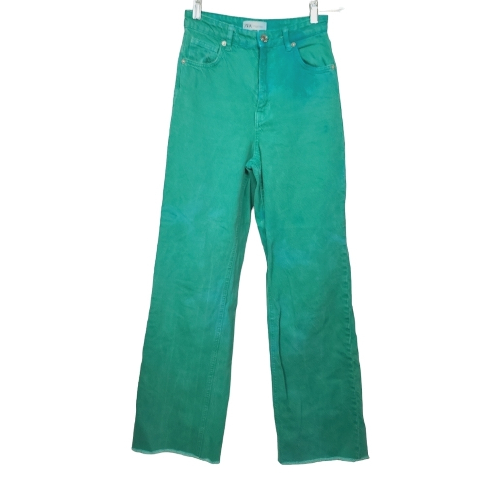 Zara Denim Acid Wash Green Blue Raw Hem Jeans 2